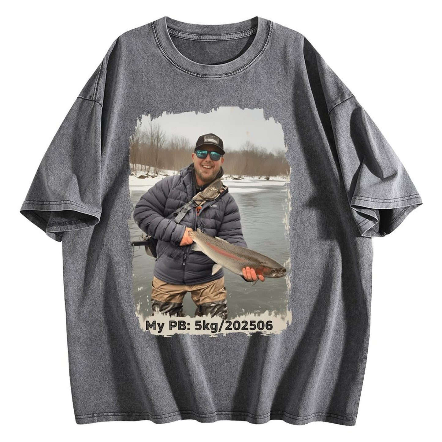 Custom Personal Best Fishing Washed T-Shirt with Your Photo - Custom Photo & PB Catch Weight