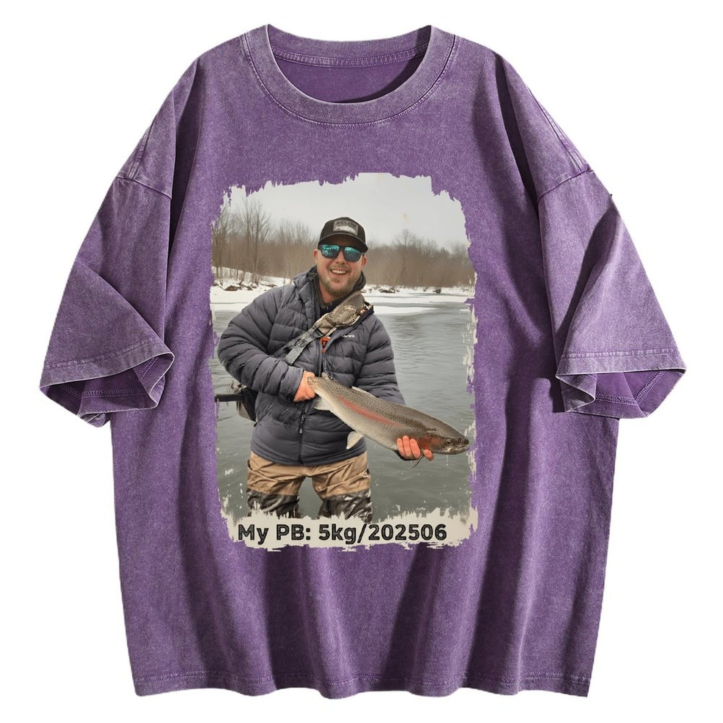 Custom Personal Best Fishing Washed T-Shirt with Your Photo - Custom Photo & PB Catch Weight