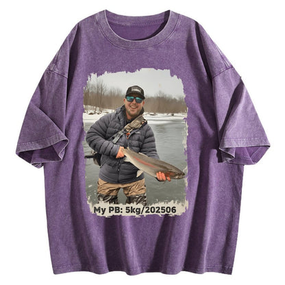 Custom Personal Best Fishing Washed T-Shirt with Your Photo - Custom Photo & PB Catch Weight