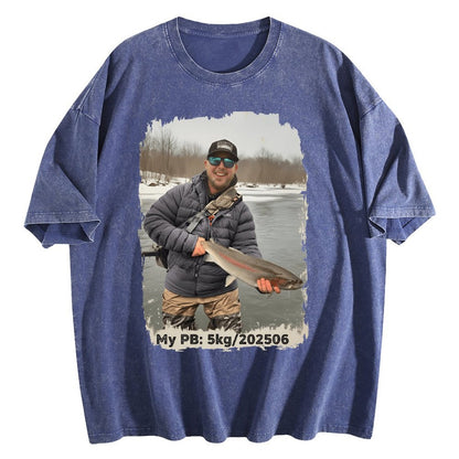 Custom Personal Best Fishing Washed T-Shirt with Your Photo - Custom Photo & PB Catch Weight