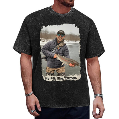 Custom Personal Best Fishing Washed T-Shirt with Your Photo - Custom Photo & PB Catch Weight