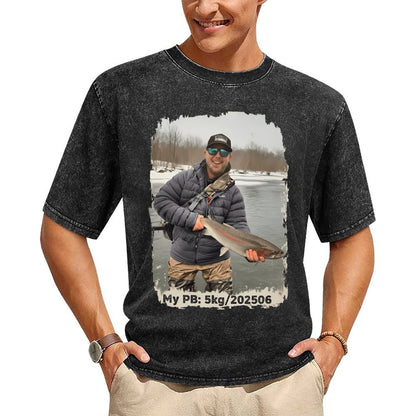 Custom Personal Best Fishing Washed T-Shirt with Your Photo - Custom Photo & PB Catch Weight