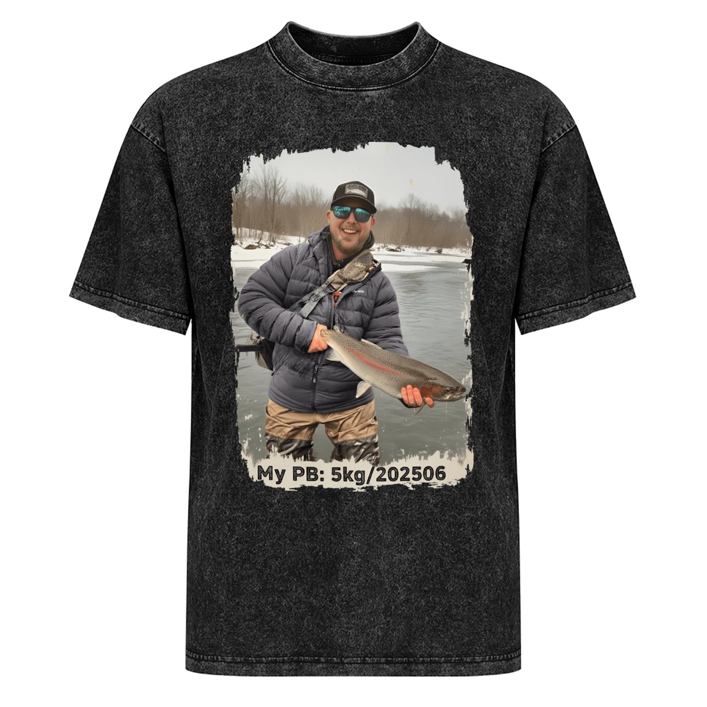 Custom Personal Best Fishing Washed T-Shirt with Your Photo - Custom Photo & PB Catch Weight