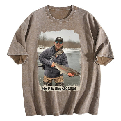 Custom Personal Best Fishing Washed T-Shirt with Your Photo - Custom Photo & PB Catch Weight