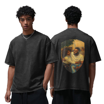 Personalized Couples Gift Guardian Washed T-shirt: Turn Your Photo into a Custom Painting Art