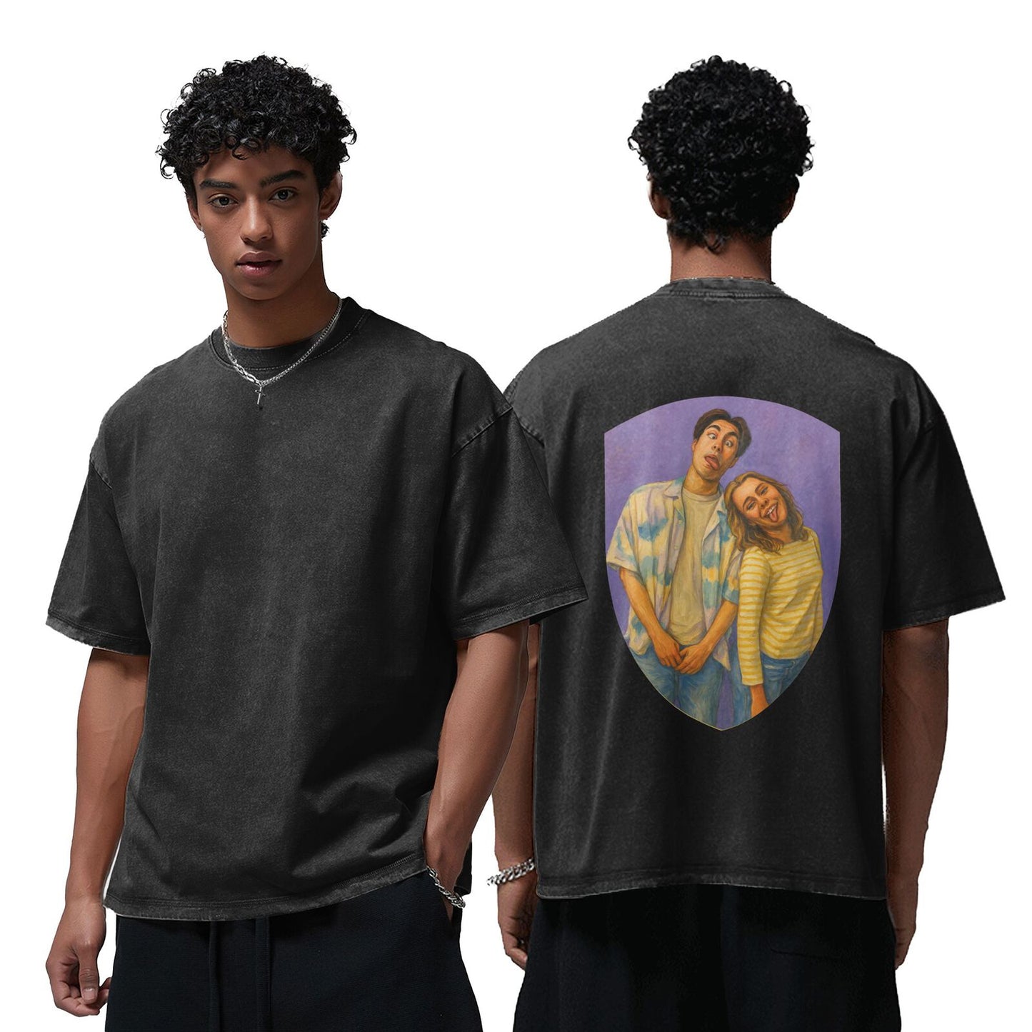 Personalized Couples Gift Guardian Washed T-shirt: Turn Your Photo into a Custom Painting Art