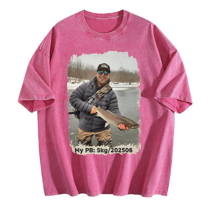 Custom Personal Best Fishing Washed T-Shirt with Your Photo - Custom Photo & PB Catch Weight