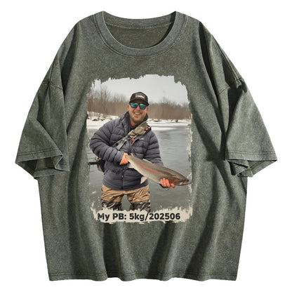Custom Personal Best Fishing Washed T-Shirt with Your Photo - Custom Photo & PB Catch Weight