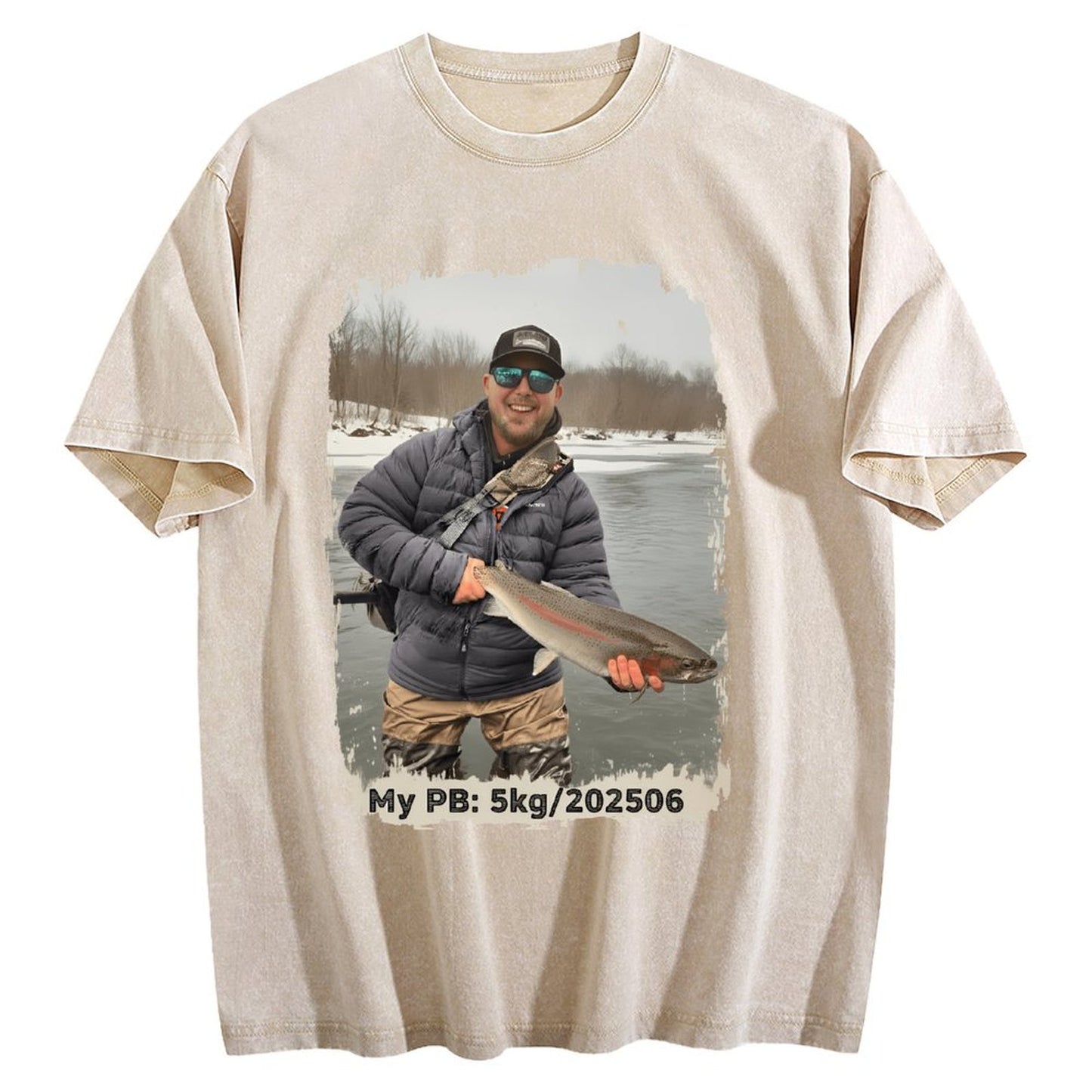 Custom Personal Best Fishing Washed T-Shirt with Your Photo - Custom Photo & PB Catch Weight