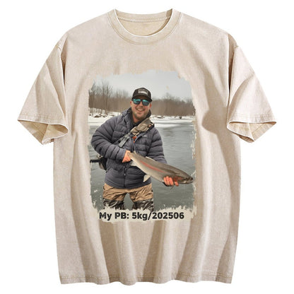 Custom Personal Best Fishing Washed T-Shirt with Your Photo - Custom Photo & PB Catch Weight
