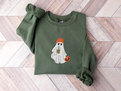 Halloween Ghost Coffee Embroidered Crewneck Sweatshirt