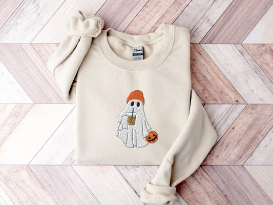 Halloween Ghost Coffee Embroidered Crewneck Sweatshirt
