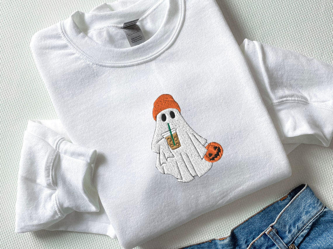 Halloween Ghost Coffee Embroidered Crewneck Sweatshirt