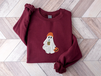 Halloween Ghost Coffee Embroidered Crewneck Sweatshirt