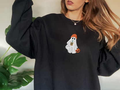 Halloween Ghost Coffee Embroidered Crewneck Sweatshirt