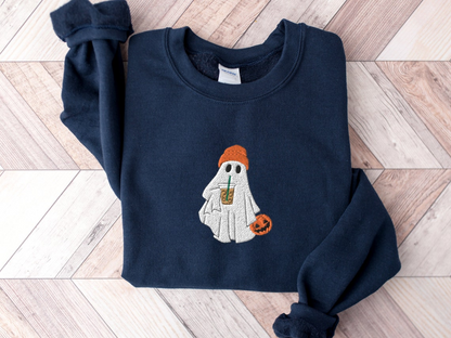 Halloween Ghost Coffee Embroidered Crewneck Sweatshirt